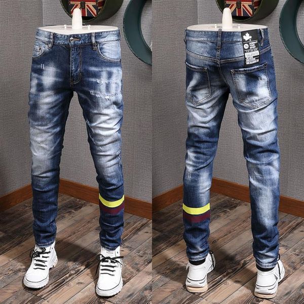 Patch Distressed Light Blue Jeans Cool Guy Fit Gelb gestreift Slim Fit Bein Denim Hose Herren2781