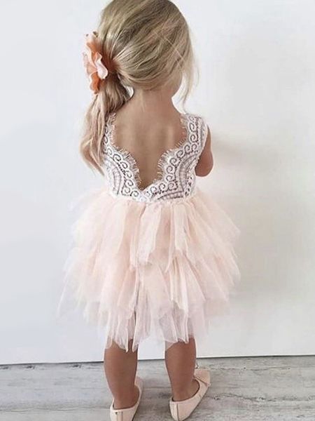 Vestidos fofos para meninas, bolos esmagados, para crianças, renda, sem costas, casamento, festa, aniversário, batismo, vestido de princesa, roupas infantis