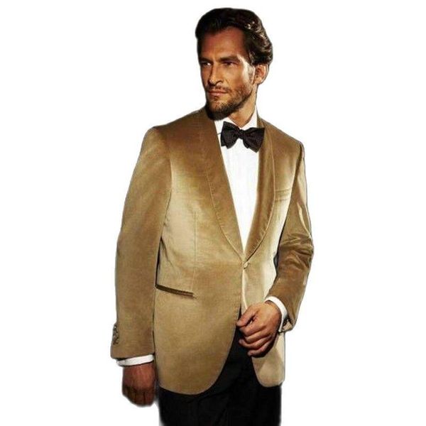 Bonito veludo dourado noivo smoking gola xale vestido brinde masculino trabalho negócios ternos jaqueta calças gravata borboleta w221 blazers174i