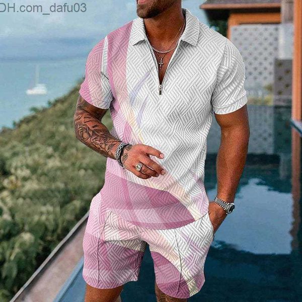 Agasalhos masculinos de verão conjunto de camisa polo de manga curta com zíper impresso em 3D camiseta de 2 peças conjunto casual conjunto de roupas de rua Z230719