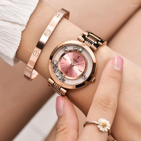 Relógios de pulso 2023 Aimasi Marca Relógios Femininos Moda Feminina Luxo Rosa Ouro Aço Inoxidável Bola Cristal Feminino Rhinestone Relógios Saat