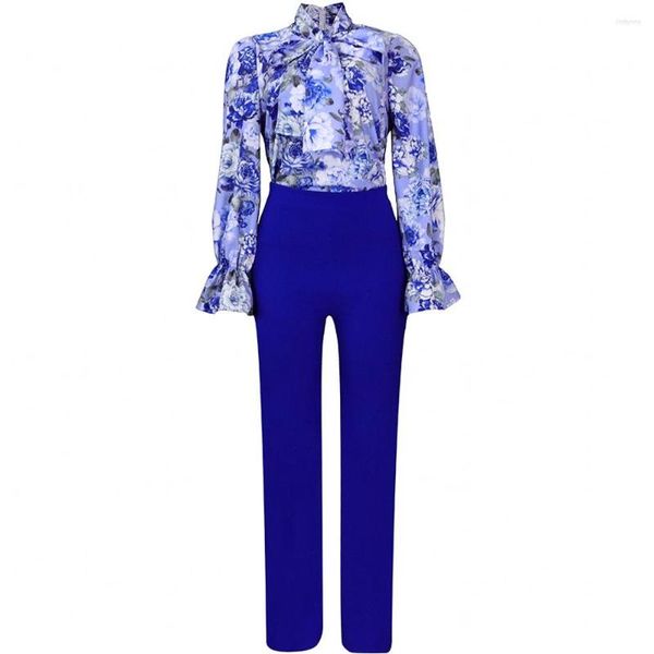 Calças femininas de duas peças conjuntos de 2 peças 2023 primavera verão blusa estampada de flores camisa tops e ternos conjunto roupa de treino