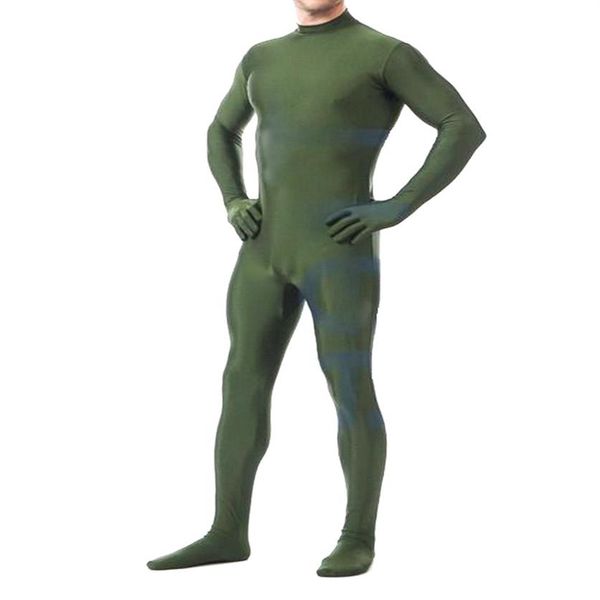Fato de macacão masculino de lycra elastano verde escuro com zíper nas costas sexy traje de corpo masculino traje unissex sem cabeça festa de Halloween 297J