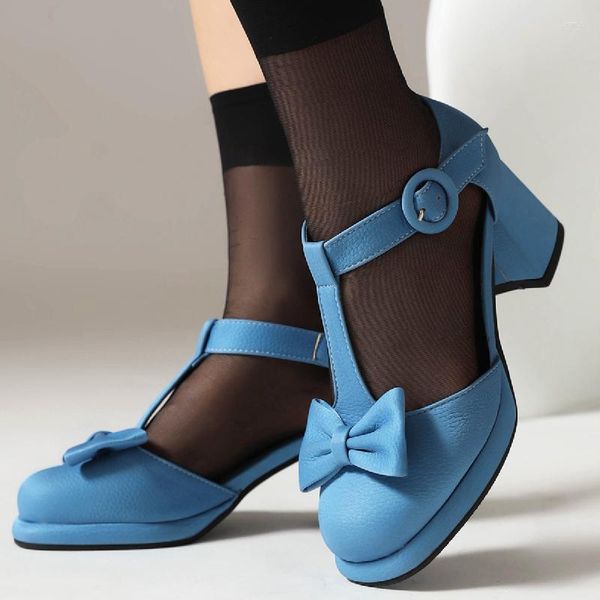 Kleidschuhe, elegante Pumps mit mittlerem Absatz, Damengröße, große Größe 45, süße Schleife mit T-Riemen, schwarz, nackt, blau, mit Absätzen, für Büro, Party, Hochzeit