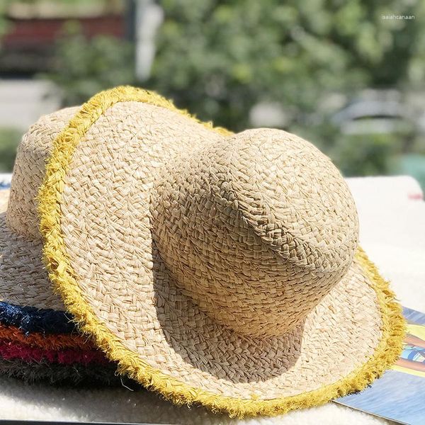 Berretti Cappello di paglia in lafite naturale Contrasto colorato da donna e da uomo Big Eaves Beach DIY Large Edge Colorful Round Top