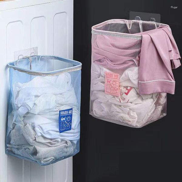 Sacos de lavanderia cesto dobrável organizador de brinquedos para roupas sujas armazenamento malha cesto para pendurar na parede