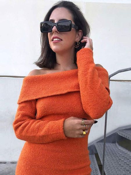 Vestidos casuais suéter ombro a ombro vestido laranja mini malha para mulheres outono inverno manga longa feminina streetwear