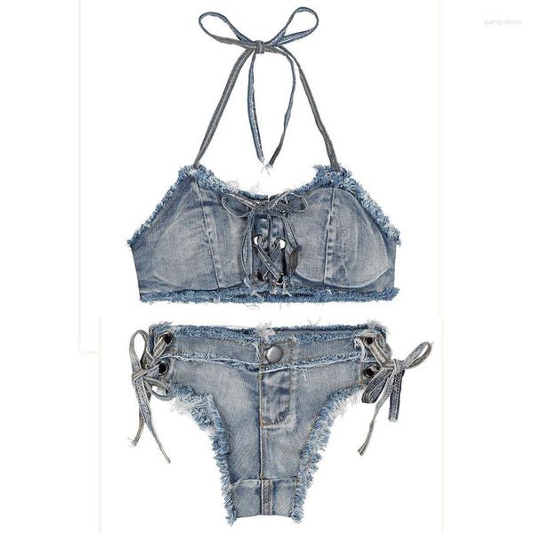 Fatos de Treino Feminino Denim Conjunto de Duas Peças Shorts Jeans Feminino Sexy Night Club Terno Crop Top Sutiã 2 Pçs Roupas Clubwear Sea Side Beach Bar Chumbo