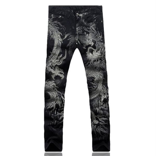 Мужские джинсы мужские брюки Slim Fit Fashion Dragon Print Печать мужского рисунка окрашенная джинсовая эластичная черная груза191D