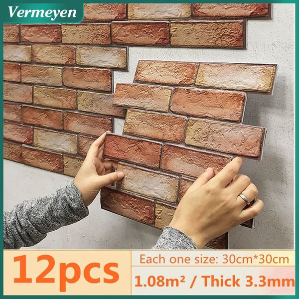 Duvar Çıkartmaları 12 PCS 3D Tuğla Duvar Çıkartması Kendinden Yapışkan PVC Duvar Kağıdı Yatak Odası Su Geçirmez Yağ Durum Mutfak Çıkartmaları DIY Ev Duvar Dekor 230718