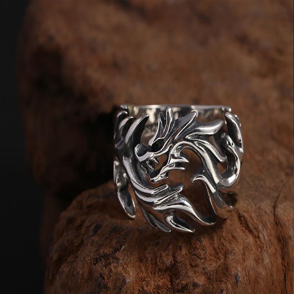 Anel ajustável de prata esterlina 925 inicial casal anel de noivado feminino dragão de chama oca anel de noivado 204n