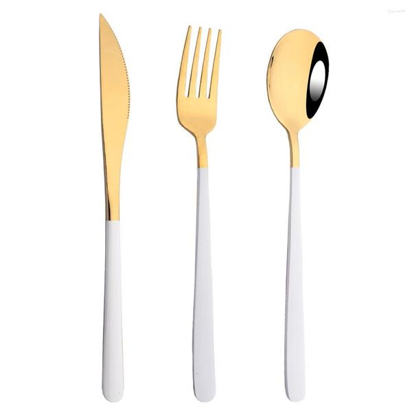 Set di stoviglie 3 pezzi Set portatile Specchio in acciaio inossidabile 304 Oro bianco Coltello da bistecca Forchetta Cucchiaio Campo da viaggio Posate Posate Stoviglie