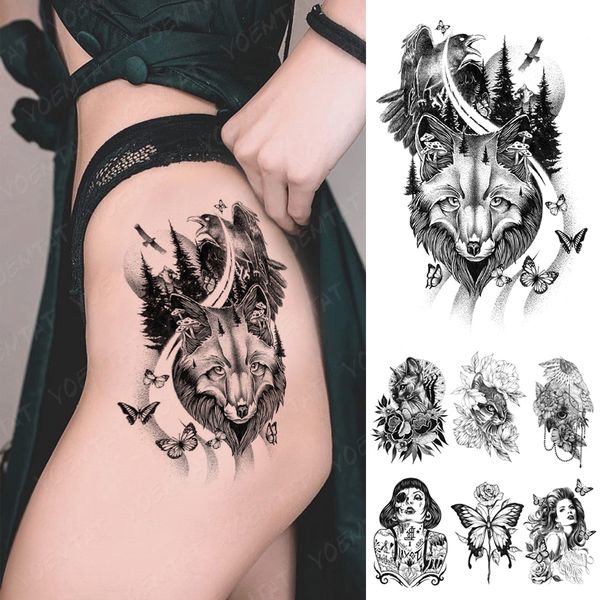 Punk gotico Y2K Impermeabile Autoadesivo del tatuaggio temporaneo Volpe Farfalla Foresta Flash Tatuaggi Braccio gambe Falso Tatoo Uomo Donna Body Art