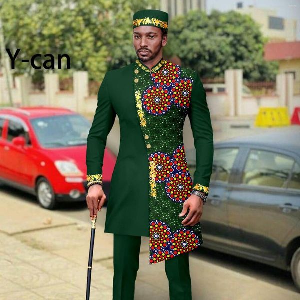 Erkeklerin izleri erkekler için Afrika kıyafetleri ince fit takım düğün patchwork nakış ceketi ve pantolon kapakları Bazin riche