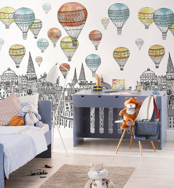 Achtergronden Bacaz Luchtballon Kasteel Po 3d Cartoon Muurschildering Behang Voor Kinderkamer Kleuterschool Muur Papier Sticker