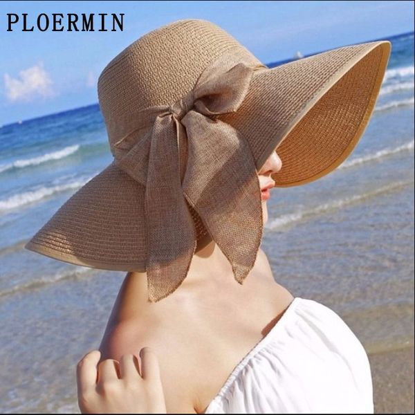 Hüte mit breiter Krempe, Eimerhüte, Sommer-Strohhüte mit breiter Krempe, große Sonnenhüte für Frauen, UV-Schutz, Panama-Strandhüte, Damen-Schleifenhut, Chapeau Femme 230718