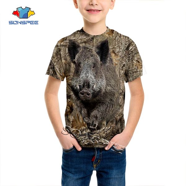 Camiseta SONSPEE Summer Casual Infantil Camo Hunting 3D Animal Wild javali Boys T-shirt Fashion Streetwear Kids Funny Manga Curta Tee