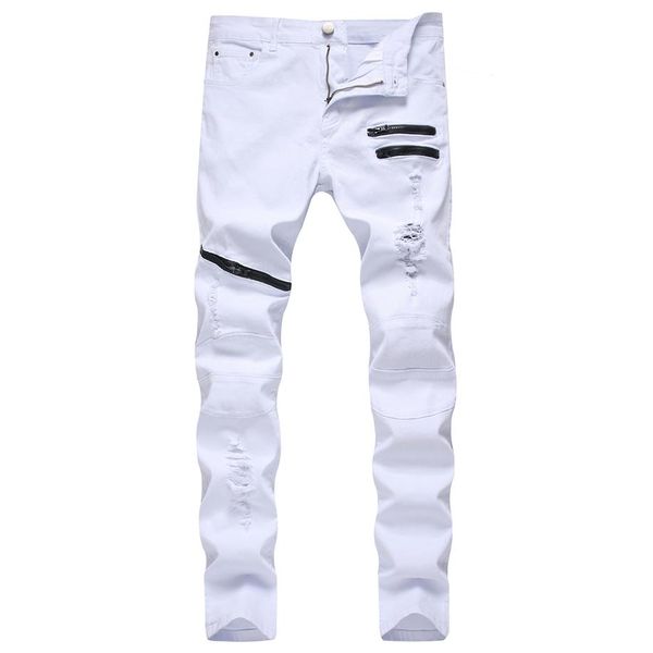Jeans da uomo US Size Slim Fit Biker Uomo Multi Zipper Elastic Cotton Denim Rosso Nero Bianco 28-42279v