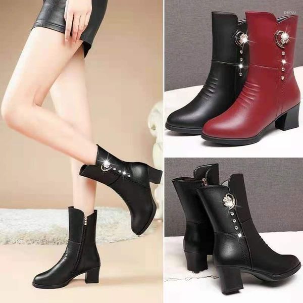 Botas femininas 2023 inverno mais veludo quente salto alto feminino moda cano médio único vermelho preto sapatos femininos