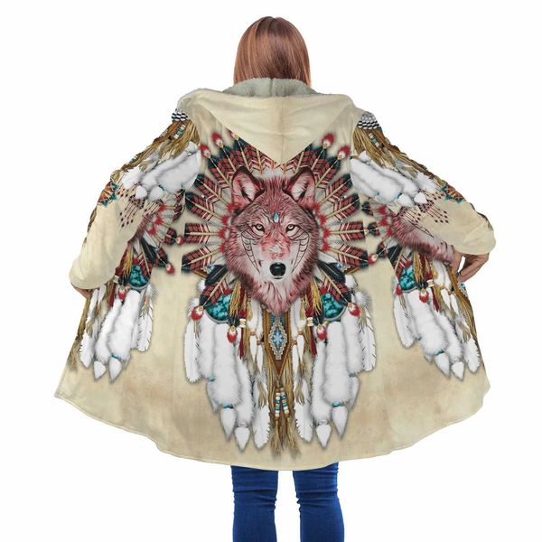 Heren Wol Blends Winter Mode Heren mantel Aboriginal Inheemse Native Wolf 3D Print Dikke Fleece Hooded mantel Unisex Casual Warme Cape jas DP28 HKD230718