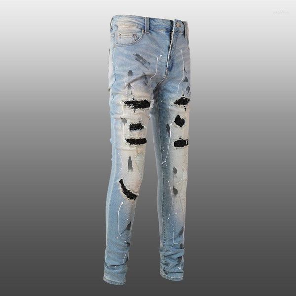 Jeans Masculino Stretch 2023 Strass Hip Retro Hop Pintado Calças Skinny Jeans Masculino Rasgado Moda Lavado Buraco Tamanho Grande