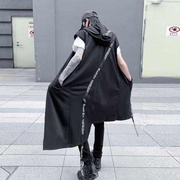 Erkek Yelekler 2023 Düzensiz Tasarım Şerit Patchwork Uzun Pelerin Kapşonlu Yelek Erkek Hip Hop Punk Kolsuz Ceket Vintage Gotik hırka