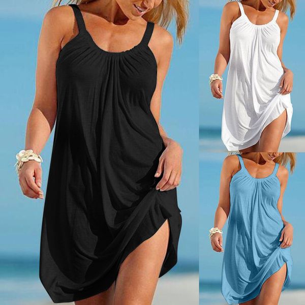 Grundlegende Freizeitkleider Sommer für Frauen 2023 Strandstil Loses Kleid in Übergröße Damen Solides Sommerkleid Sexy Riemen O-Ausschnitt Tank Robe 230718