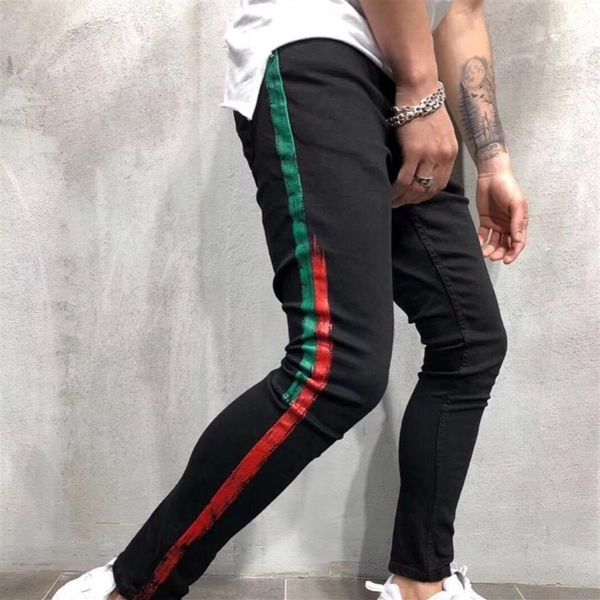 Herren Jeans Herren Herren Designer Skinny Ripped Red Stripes Hosen Stretch Schwarz Slim Biker Jeans1287f