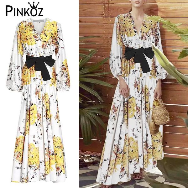 Vestidos Casuais Pinkoz Boho Maxi Dress Estampado Dourado Decote em V Manga Lanterna Solta Primavera Outono Pista Designer Festa Robe De Mujer Com Cinto