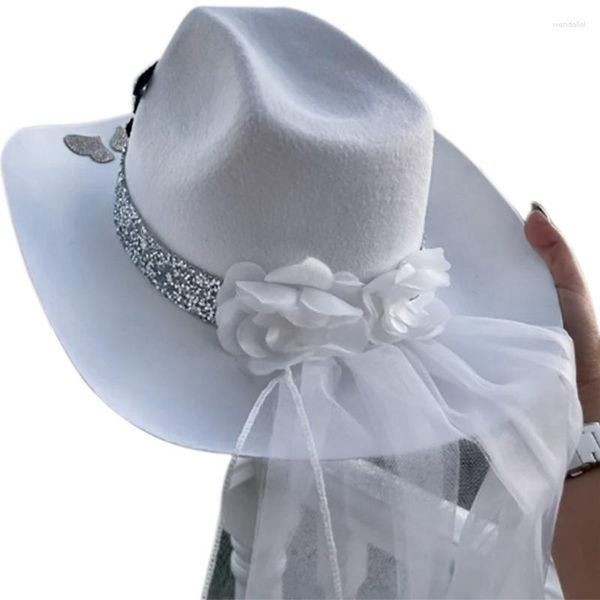 Berretti Cowgirl Cappello E Velo Per Addio Al Nubilato Addio Al Nubilato Bianco Glitter Luccicante DropShip A Tesa Larga