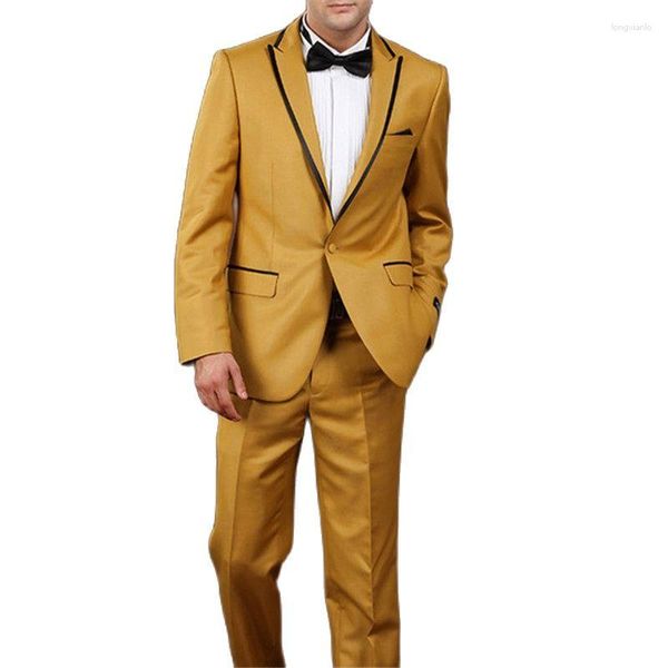 Abiti da uomo Abito da uomo con risvolto con visiera in oro su misura per matrimonio 2 pezzi (pantaloni giacca) Abito da smoking da sposo con un bottone