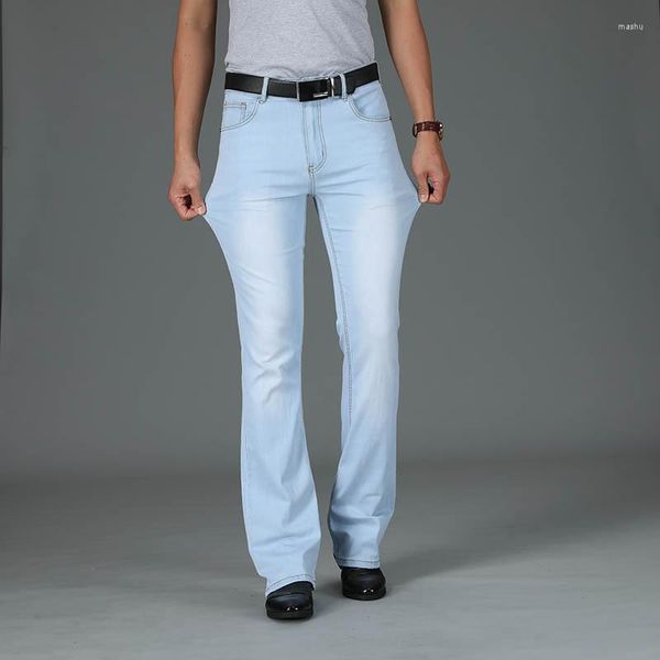 Erkek Kot Hafif Mavi Bahar Sonbahar Geniş Bacak Erkekler için Büyük Alevli Boot Cut İnce Fit Erkek Tasarımcı Klasik Düz Denim Pantolon