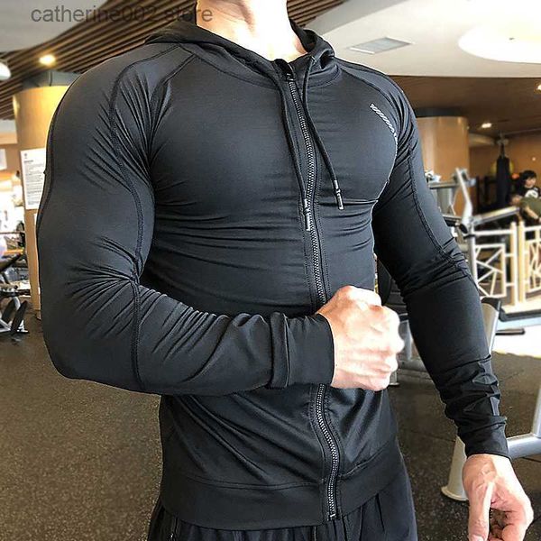 Männer Hoodies Sweatshirts Kompression Elastische Hoodies 2023 Frühling Dünne Sport Jacken Mann Gym Sportswear Laufen Fitness Mit Kapuze Bodybuilding Sweatshirts T230719