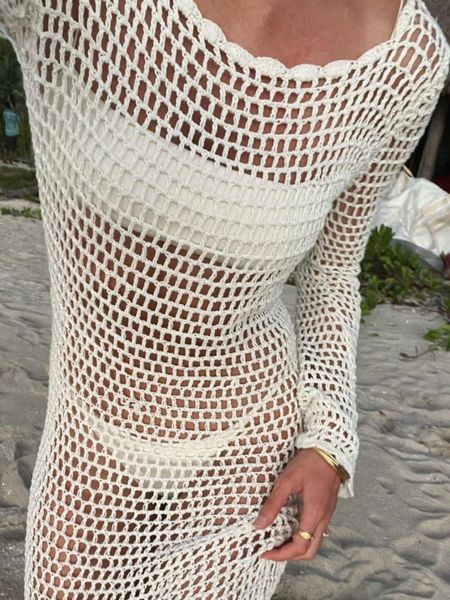 Lässige Kleider Weiß Strick Strandkleid Häkeln Bikini Cover Up Frauen Sexy Split Rückenfrei Maxi Sommer Langarm Urlaub Beachwear 2023