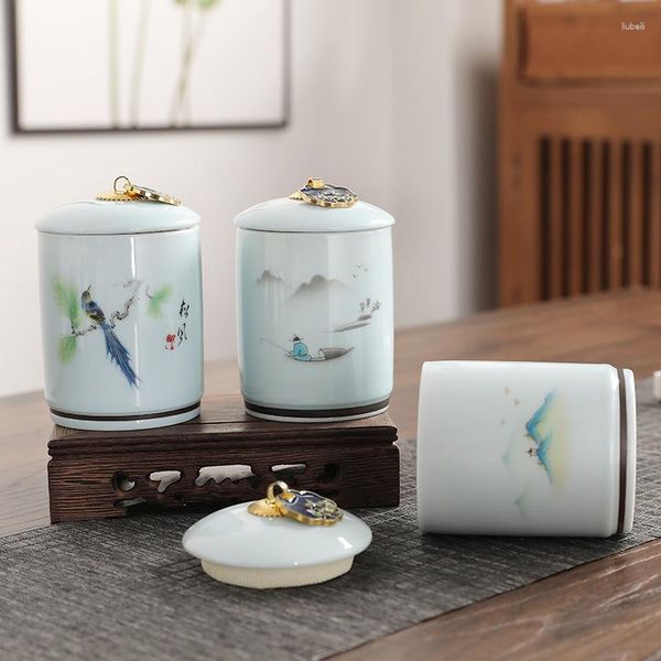 Bottiglie di stoccaggio Paesaggio Fiori E Uccelli Vaso in ceramica Caramelle portatili Famiglia Celadon Cilindrico Noci Bottiglia di chicco di caffè