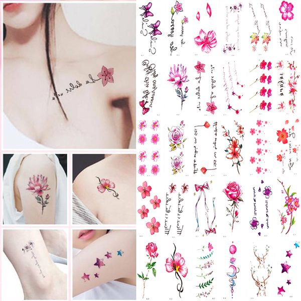 Quente 30 folhas/lote adesivo de tatuagem temporária letras penas arte corporal tatuagens à prova d'água flores tatuagens adesivo falso transferência de água