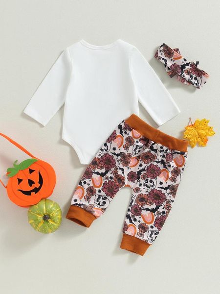 Conjuntos de roupas para bebês meninos fantasia de Halloween manga curta macacão com estampa de abóbora calça listrada chapéu conjunto roupa de outono