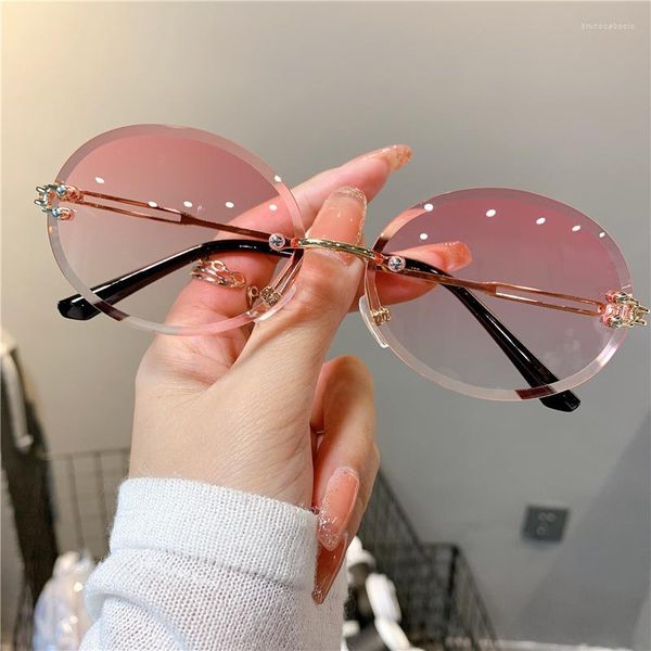 Sonnenbrille Trendy für Frau Sommer Randlos Cut-Edge Sonnenbrille Oval Mode Marke Designer Shades Rosa Damen Sonnenbrille UV400