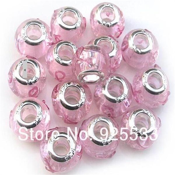 Mix-Farben-Charms, 14 mm, Glas, 925er-Silber plattiert, Kern, rosa Seidenband, großes Loch, lose Perlen, passend für europäisches Schmuckarmband, Char239F