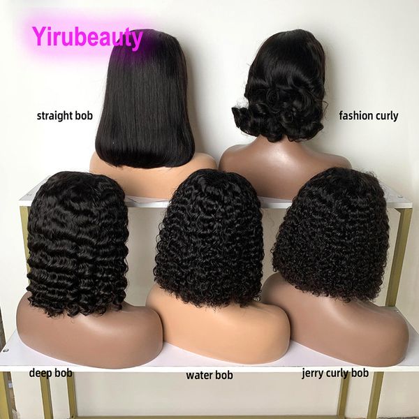 Brezilya İnsan Saçı 4x4 Dantel Kapatma Bob WIG 10-14inch Fationcurl Su Dalgası Jerry Kıvırcık Peru Malezya Dantelli Peruk Doğal Renk