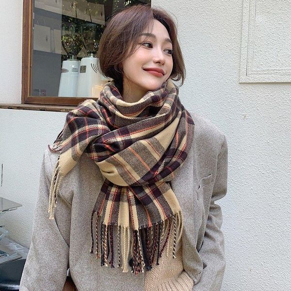 Шарфы 2023 Осенний и зимний кашемировый клетчатый шарф учениц корейская бахрома сгущенной шеи
