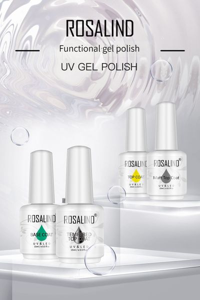 Trattamenti per unghie Rosalind Gel funzionale Set da 3 bottiglie Gel di trasferimento Rivestimento di base Rivestimento diamantato Rivestimento opaco Rivestimento temperato Rimozione gel magico 230718