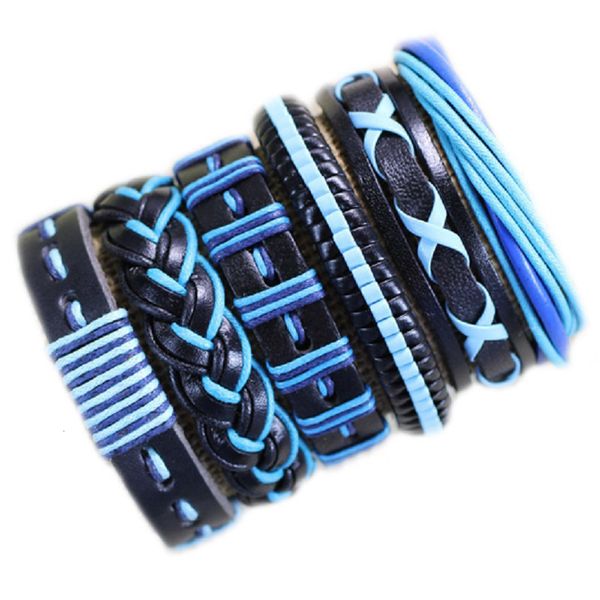 Pulseira azul pulseiras 6 pçs conjunto envoltório tecido moda feito à mão homens pulseiras mulheres pulseira de couro homens pulseira atacado jóias presente S69 230718