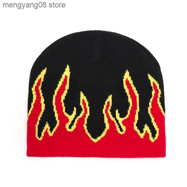 Beanie/Kafatası Kapakları Hip Hop Sokak Alev Şapkası Moda Dans Kafatası Ateş Cehennem Yanık Alevleri Sıcak Trend Hip Hop Örme Yumuşak Giyim Beanie Hat T230719