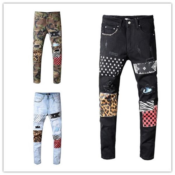 jeans masculinos de luxo, calças jeans skinny rasgadas camufladas, calças de grife leopardo, patchwork, jeans rebite, motocicleta, tamanho us 292021