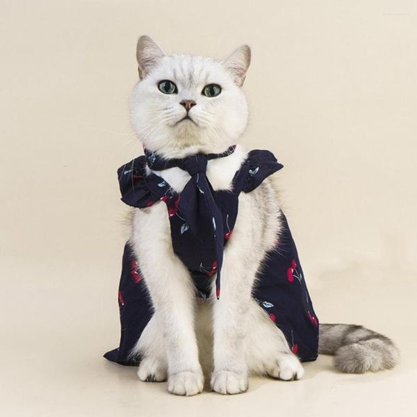 Vestuário para cachorro lindo vestido de animal de estimação bola de pele decoração de casamento de algodão estampa de cereja gato princesa saia com gravata