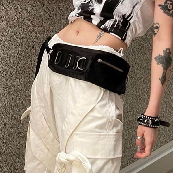 Cintos Rockmore Vintage Wide Belt Punk Pockets Fanny Pack Y2k Aesthetic Black Women Streetwear Acessórios de Moda Cintura