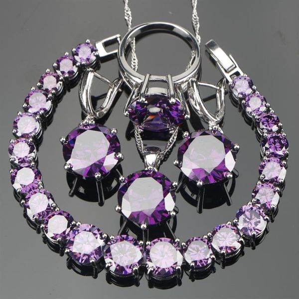 Casamento Roxo Zircão Prata 925 Conjuntos de Jóias Pulseiras Brincos Com Pedras PingenteColar Anéis Conjunto Jóias Presente B1583