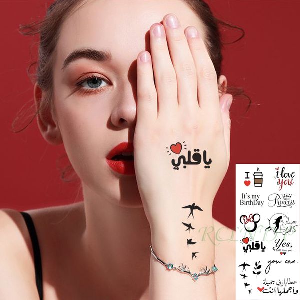 Wasserdichter temporärer Tattoo-Aufkleber, süßer Liebesvogel, Blatt, Krähe, arabische Schrift, gefälschte Tätowierung, Flash-Hand-Arm-Kunst-Tätowierung für Frauen und Männer