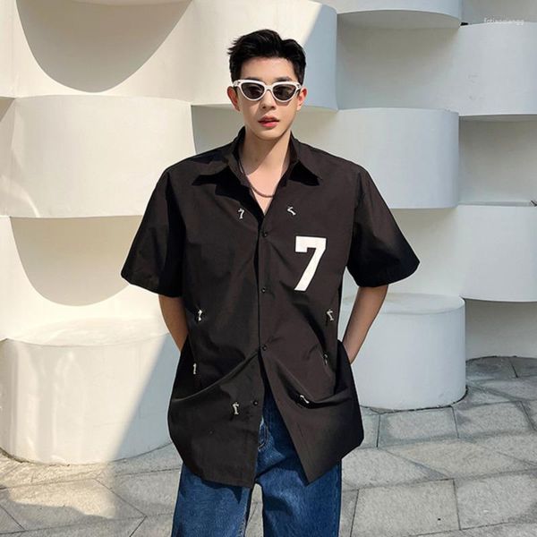 Camisas casuais masculinas SYUHGFA Trendy Men Men Short Sleeve Shirt 2023 Summer Loose Lapel Tops Korean Number Print Cradigan Masculino Streetwear